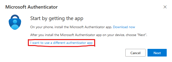 Choose I want to use a different authenticator app